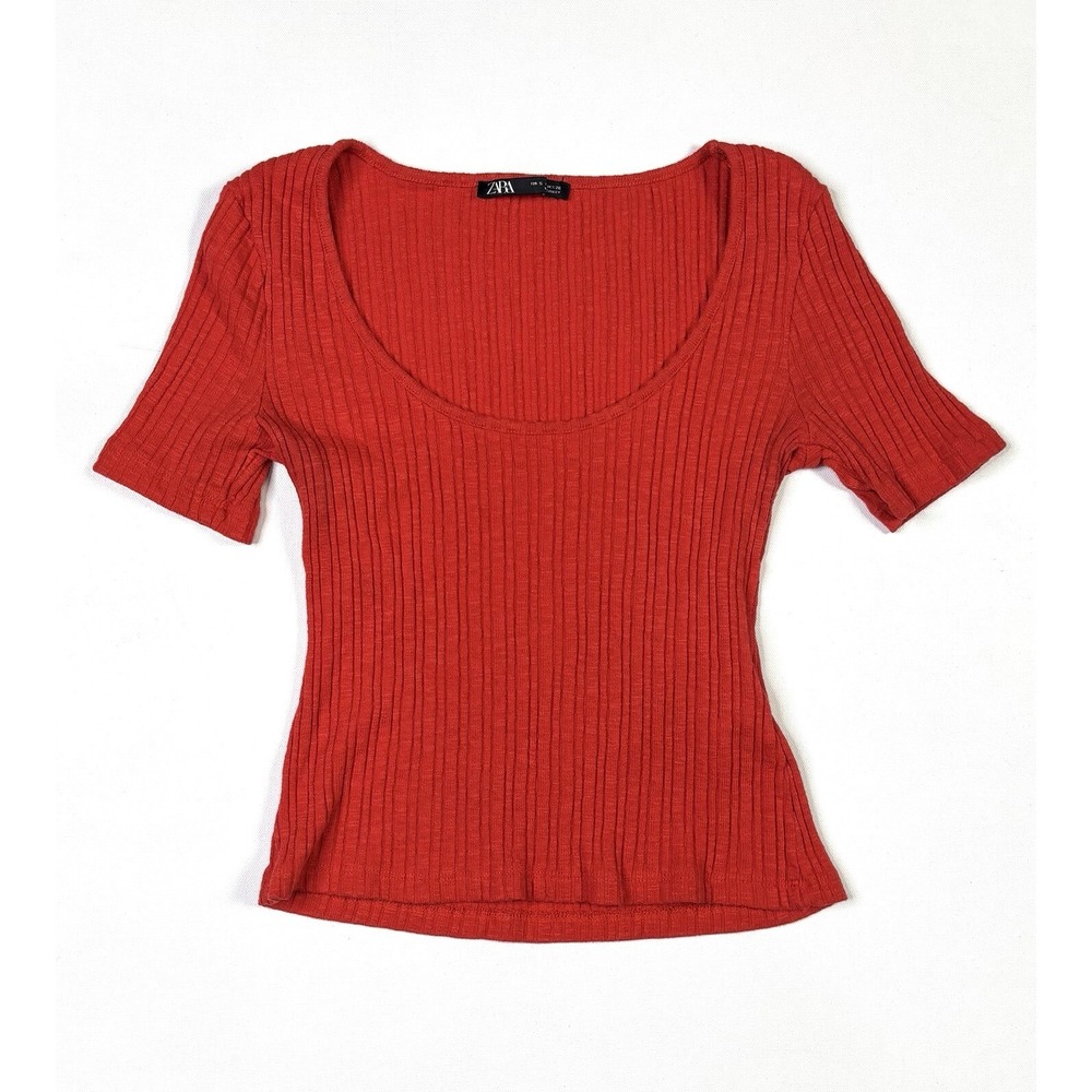 Zara Top Women's Small Blood Orange Roundneck Stretch Short Sleeve Shirt